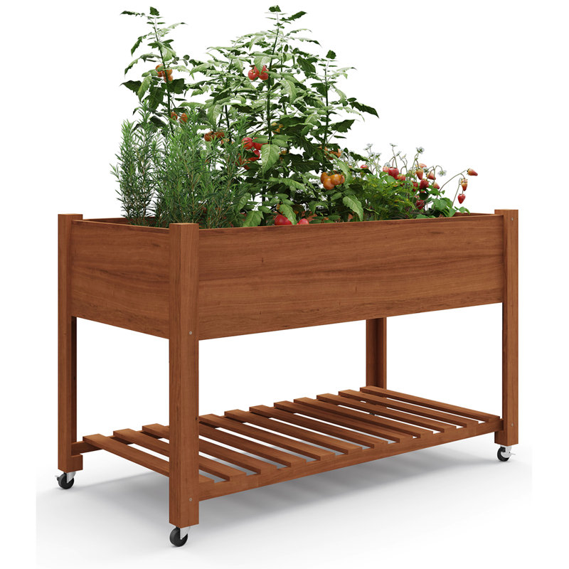 Lit de jardin surélevé mobile avec roulettes verrouillables avec tablette de rangement et doublure, Tanné