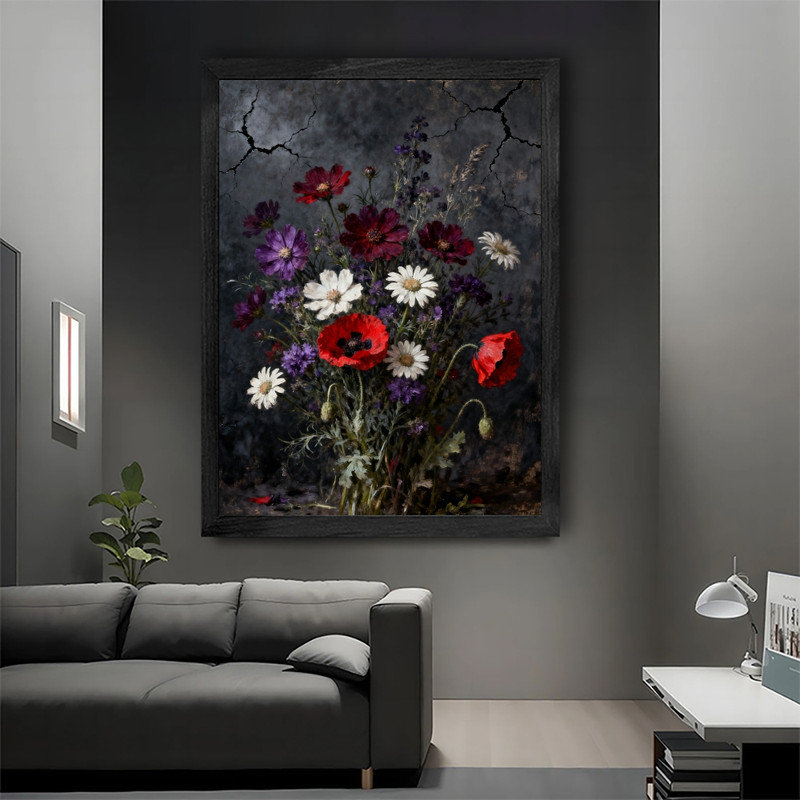 Art mural noir, nature morte et floral gothique, impression de cadre fantaisiste foncé rétro, H 37 po x l 25 po