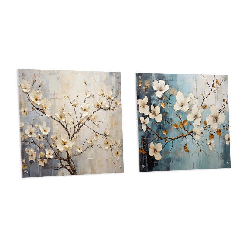 «Peacefulness White Dogwood - Dogwood», ensemble d'art mural en verre acrylique sur 2, H 36 po x l 73 po
