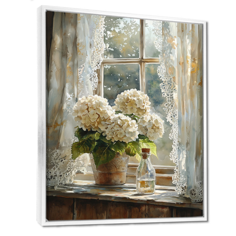 «Farmhouse Hydrangeas And Lace Curtains II - Hydrangea», reproduction sur toile encadrée, Reproduction avec cadre flottant