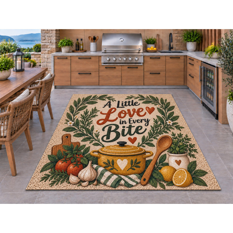 Tapis d'extérieur 152 x 213 cm (5 pi x 7 pi) « Un peu d'amour dans chaque bouchée » - Motifs : pot, cuillère, tomate, citron, herbes - Tapis bouclé épais en PVC imperméable, séchage rapide - Idéal pour l'intérieur et l'extérieur (cuisine, porche, terrasse, entrée).