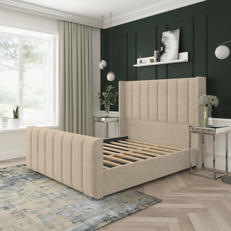 Naples Velvet Upholstered Bed Frame, Beige Naples Velvet, Kingsize (5')