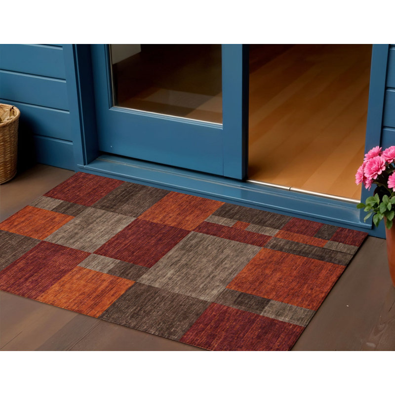 Tapis extérieur lavable à motif géométrique taupe et orange 3 pi x 5 pi chocolat