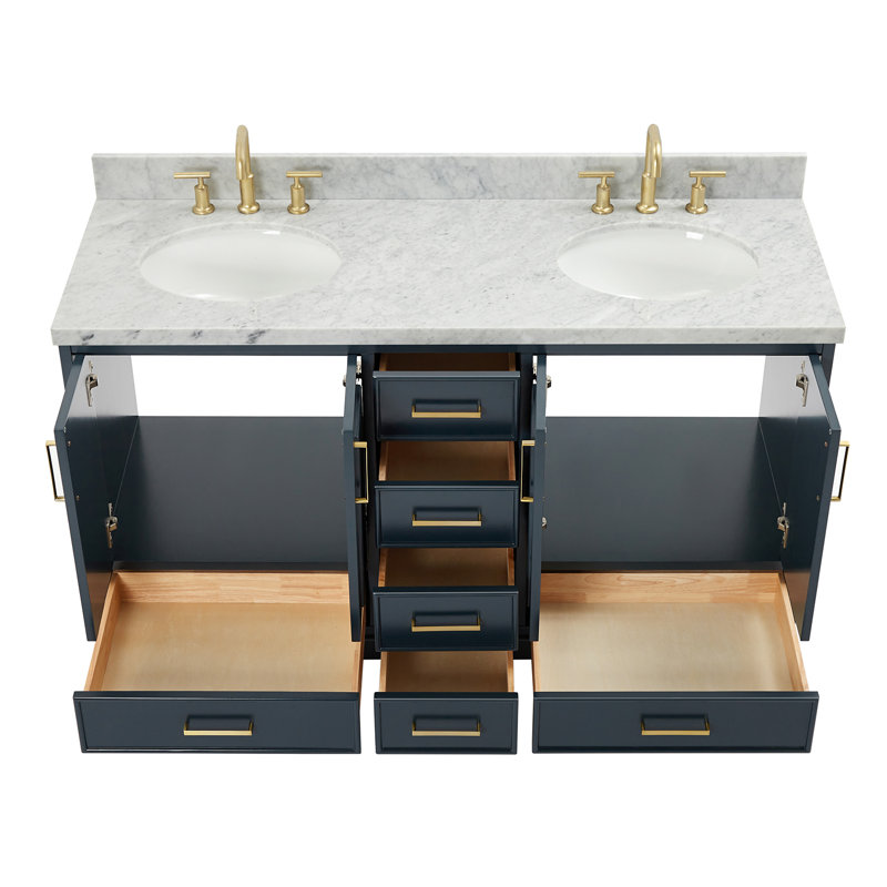 Meuble-lavabo double avec plateau Abshire 61, Bleu minuit