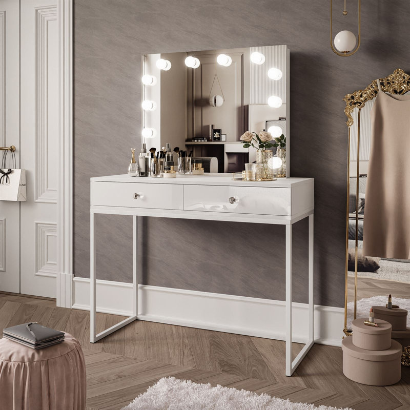 Anashima Dressing Table with Mirror, White/White high gloss/White crystal