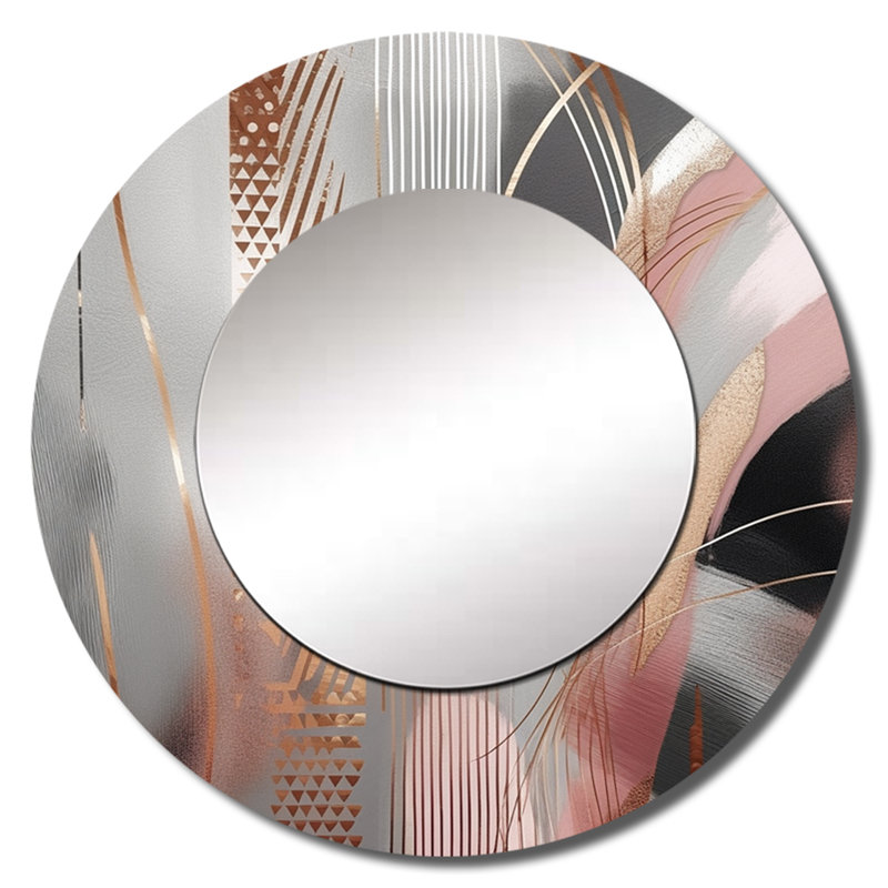 Quintez Pink Rosegold Circle Complexity I - Transitional Shapes Large Wall Mirror, Modern Round Decorative Mirror, Printed Metal Art