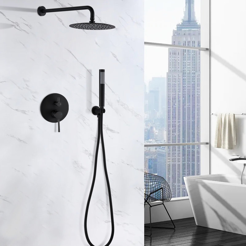 Matt Black Wall Mounted Shower With 10" Rain & Handheld Heads. Balance Valve, Skid Handle. 360 Rotatable. . 1.8 Gpm Flow. Swivel Spout. Compatible American Plumbing