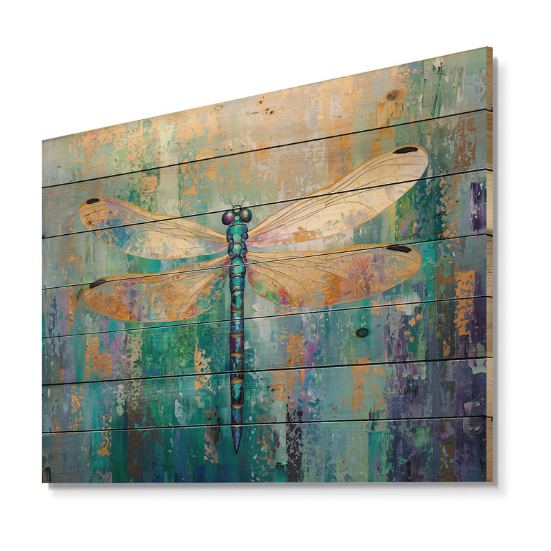 Libellule émeraude ailes irisées II - impression moderne sur bois de pin bleu naturel, H 10 po x l 20 po