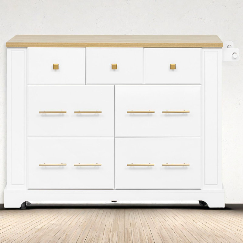 Kitchen Island with Drawers, Pull Out Trash Storage, Rolling Island with Leaf, White