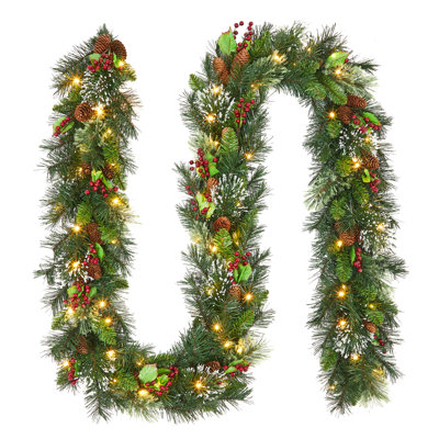 Pre-Lit 9FT Christmas Garland - 70 Warm White LEDs, Pine Cones, Red Berries, Timer, Battery Operated, Flocked Greenery for Staircase, Fireplace, Door, Indoor/Outdoor