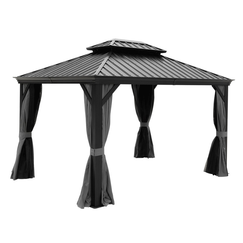 12 pi. L 10 pi. D Pavillon de jardin en métal avec filet et auvent d'extérieur, Noir, Noir