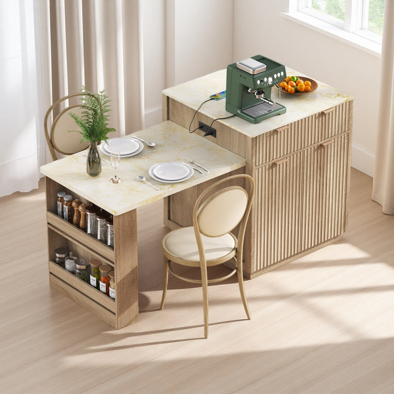 82.6" Fluted Kitchen Island With Extendable Dining Table For 4-6, Island Table For Kitchen With Power Outlet, Kitchen Table With Double-Side Storage
