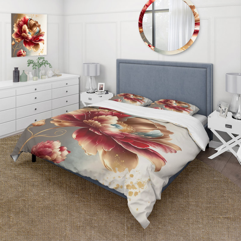 Bold Red Floral Design I - Ensemble de housse de couette floral - Polyester en microfibre