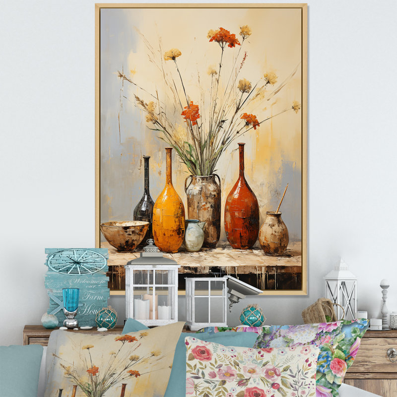 Élément décoratif de poterie florale jaune naturel I - Boho Pottery, H 20 po x l 12 po x P 1 po, Cadre flottant brun