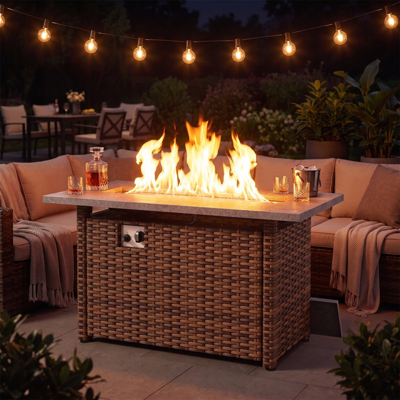 8-piece Outdoor Patio Conversation Set With Propane Fire Pit Table, 7-piece Wicker Sectional Sofa & Coffee Table, Gray, 8