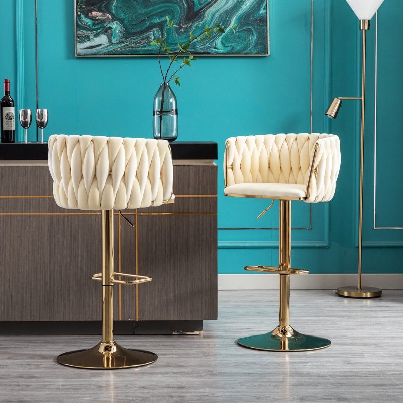 2 tabourets de bar en velours, pieds dorés, 33 po Hauteur, hauteur de siège réglable pour les cuisines, les bars, les bureaux avec base en velours, support de 250 lb, barres