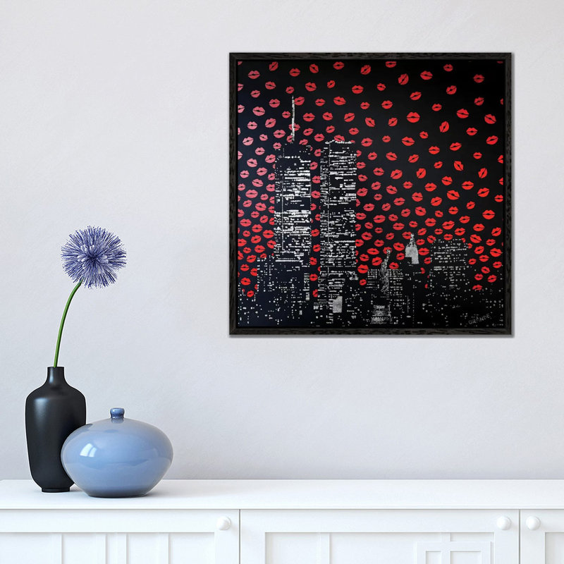 Love Kisses Over New York by Alla GrAnde - Print on Canvas, 45.72cm H x 45.72cm W x 3.81cm D, Black Floater Framed