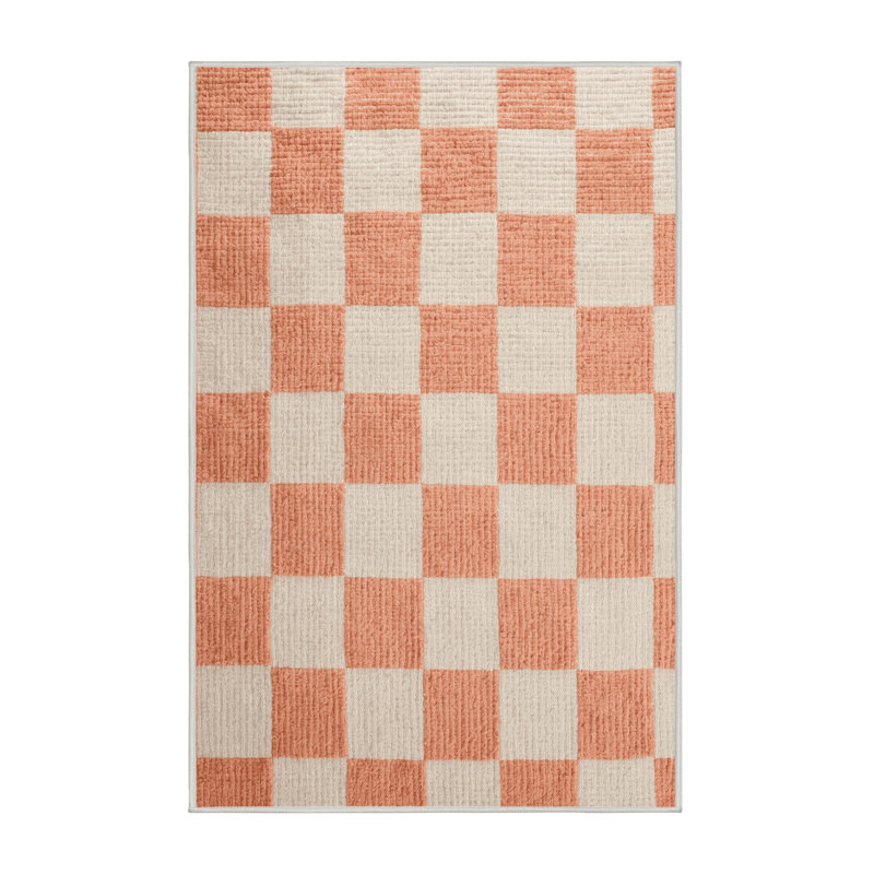 Machine Washable Checkered Beige Area Rug, Rectangle 2' x 3'