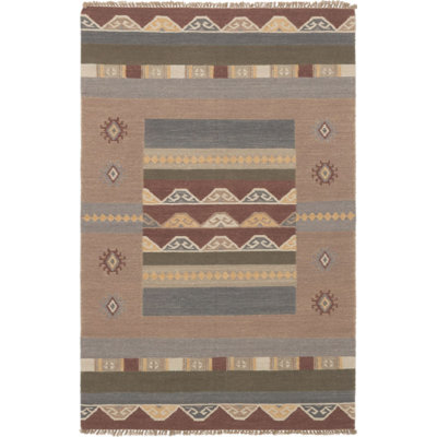 Tapis beige en laine handwoven à tissage plat 5 pi 2 po x 8 pi one-of-kind Marone