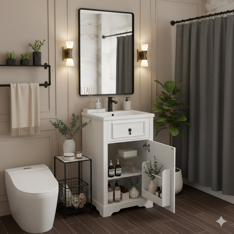 Meuble-lavabo de 20 pouces avec lavabo en céramique, porte à fermeture en douceur, tablette intérieure réglable et support de rangement fixé à la porte - parfait pour les petites salles de bain