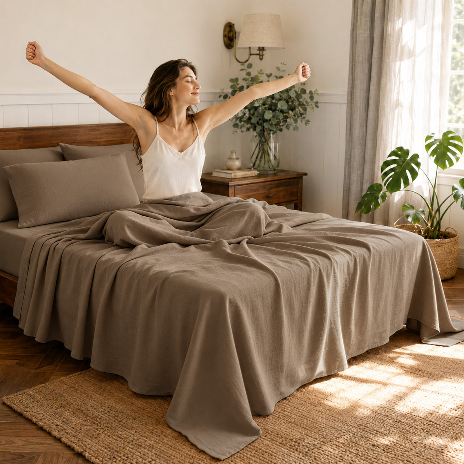 100% Flax Linen Solid Breathable Sheet Set with Pillowcases, Full, Cocoa