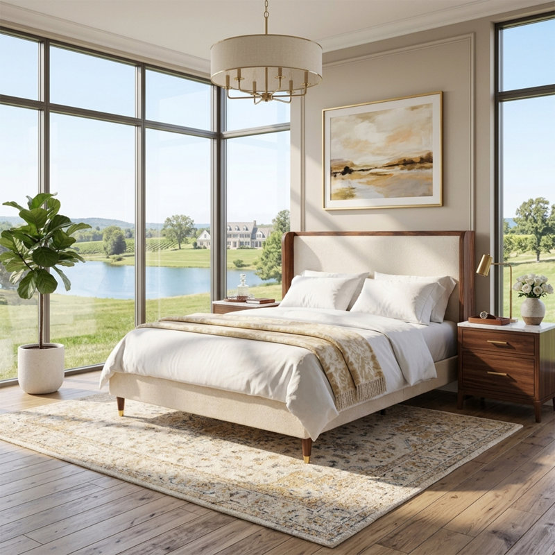 Lit plateforme capitonné de style moderne du milieu du siècle, avec garniture en bois et pieds dorés, taille double, lin beige