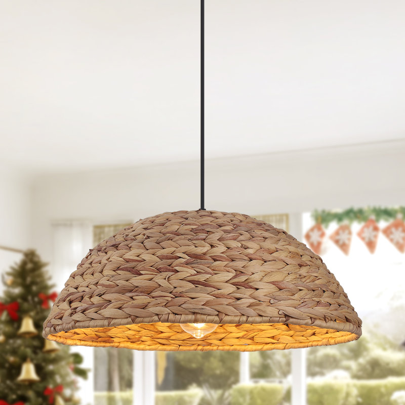 Adelayde 1 - Light Single Dome Kitchen Island Pendant Brown Natural Woven Light Fixture Handmade with Rattan for Bohemian Living Rooms