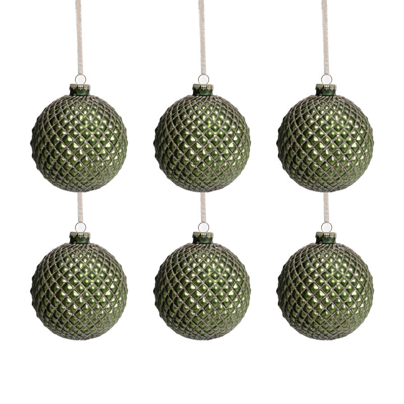 Boules de Noël en verre métallique, ensemble de 6, H 4 po x l 4 po x P 4 po, Vert mat