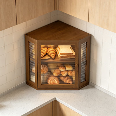 Boîte à pain de coin pour comptoir, grande capacité, double compartiment en bambou avec porte en acrylique et fermeture magnétique.