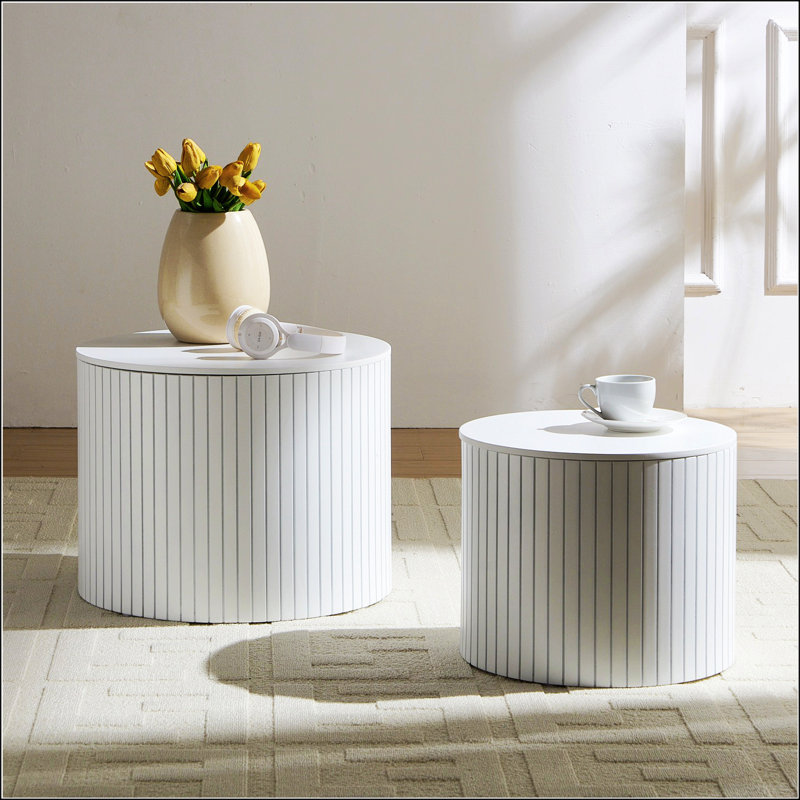 Nested Table Set 2 Pieces, MDF Coffee Table Set Living Room/Lounge Area, White, White