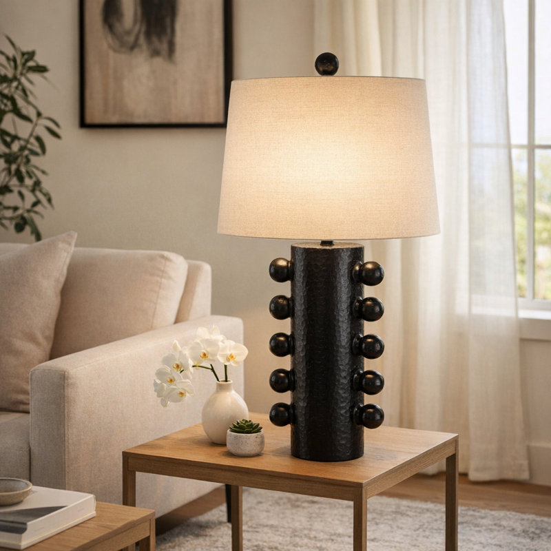 Lampe de table moderne en grès noir et céramique de 31 po de hauteur avec base cylindrique texturée et abat-jour en tissu - idéale pour la chambre à coucher, le salon, le bureau et la maison