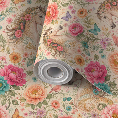 Papier peint auto-adhésif à motif de papier peint à motif floral, chevaux, beige, auto-adhésif et amovible 17,7 po x 118 po (45 x 300 cm)