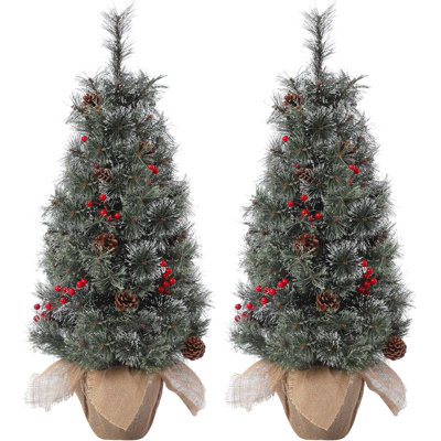 3FT Pre-Lit Artificial Christmas Tree Tabletop with 78 Warm White Lights, Flocked Potted Christmas Tree with Berry Clusters, Battery Operated, for Front Door, Porch, Green, 2PC