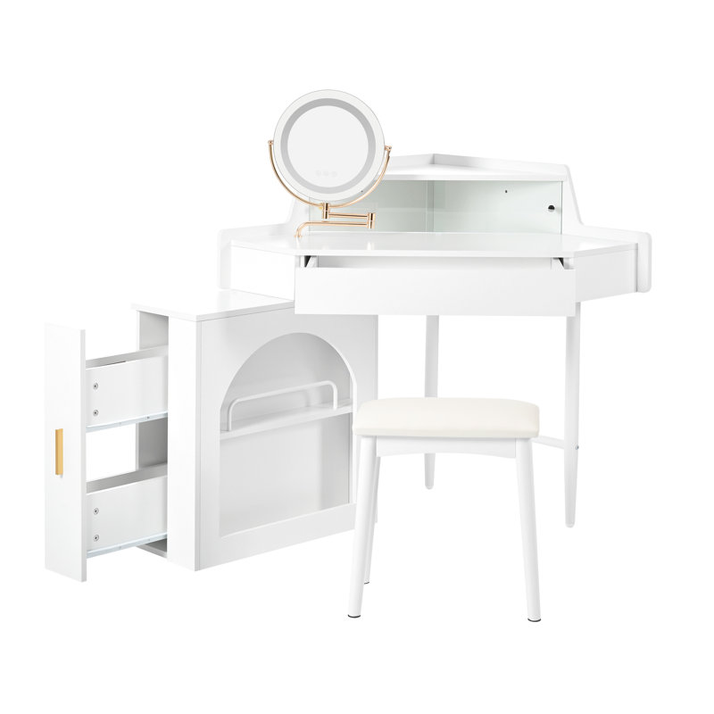 Corner Makeup Vanity Desk With Adjustable Folding Mirror, 3-color Led Lighting, Adequate Storage And Stool