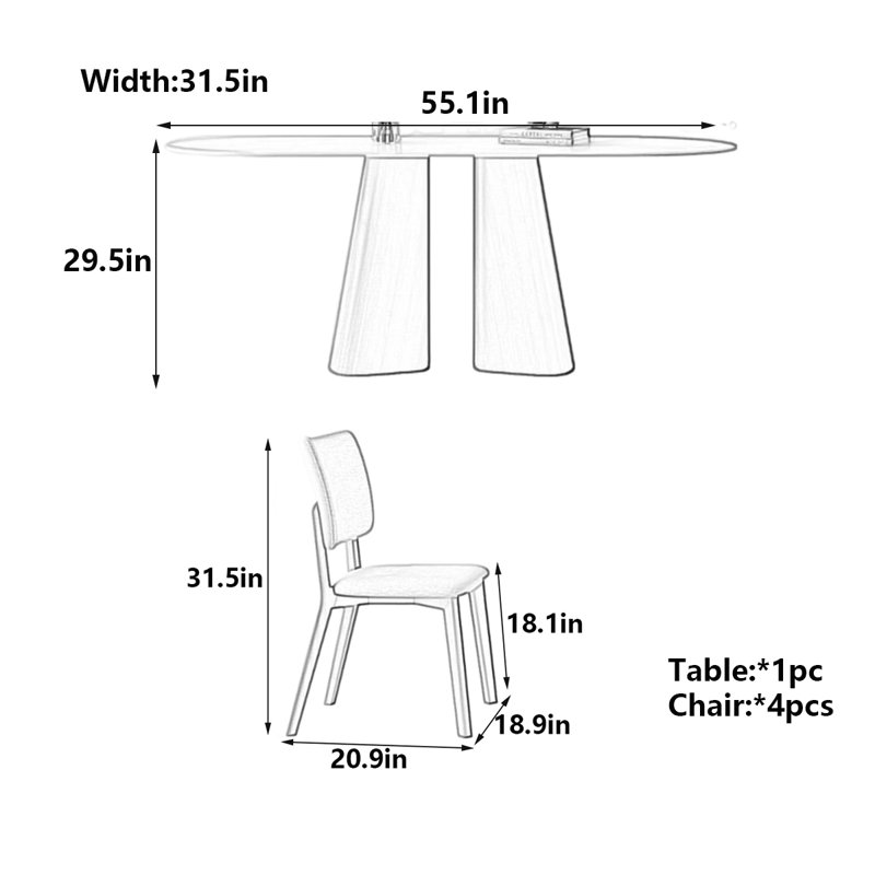 Modern Rectangular Dining Table with  Chairs, 29.5"H x 55.1"L x 31.5"W