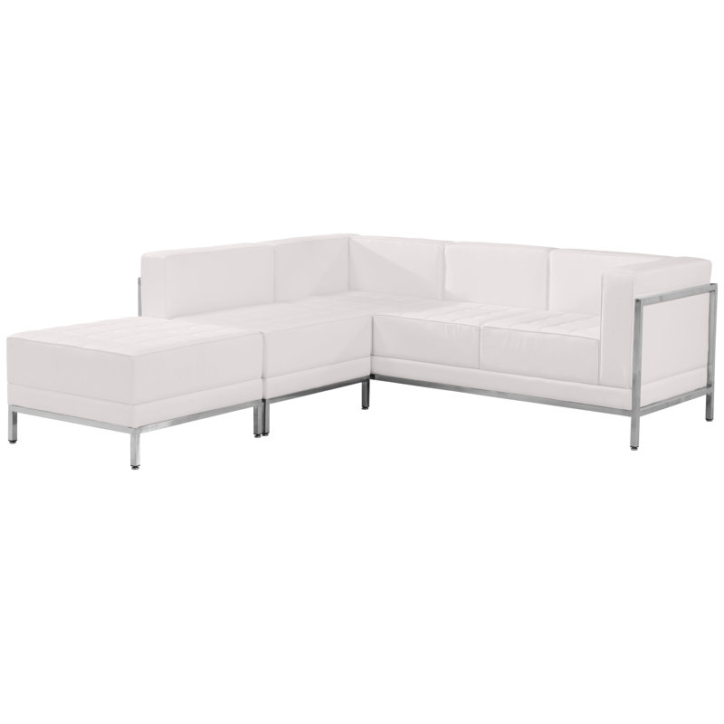 Hercules 3 Piece LeatherSoft Modular Sectional Configuration - Stainless Steel Legs, White Faux Leather