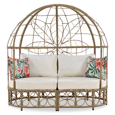 59.8" Outdoor Daybed with Colorful Pillows, Wicker Patio Sunbed Featuring Curtains