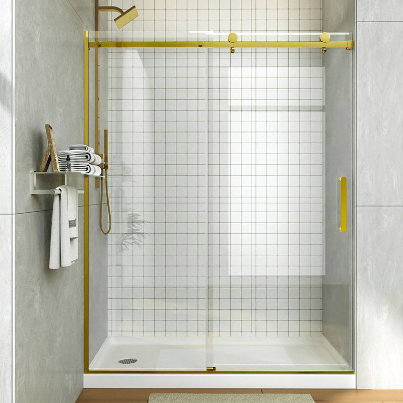 Porte de douche coulissante simple sans cadre de 56 à 60 po x H 76 po avec rail supérieur réglable en largeur, 5/16 po (8 mm) en verre trempé certifié ANSI et SGCC, or brossé