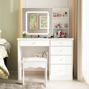 100cm Wide Dressing Table with Sliding 3-Colour LED Mirror & 5 Drawers - Compact Vanity with Stool
