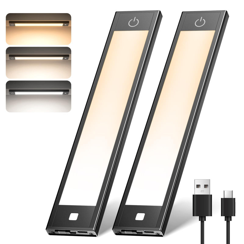 2 Pack Thin Aluminum Rechargeable Motion Sensor Cabinet Lights with Magnetic Mount and Adjustable 3 Colour Temperatures