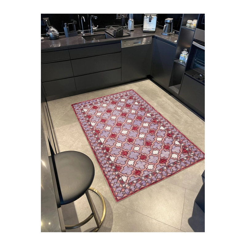 Pink White Framed Decorative Washable Carpet, Rectangle 4'8" x 6'7"