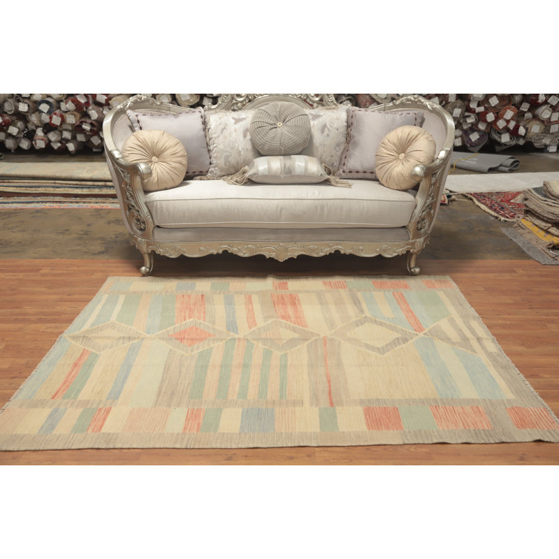 Tapis géométrique en laine à tissage plat kilim 5 x 7