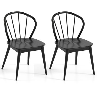Wooden Dining Chair Set of 2 with High Spindle Back Rubber Wood Legs Wide Seat Black