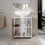 Armoire lavabo sur pied blanche à 1 porte avec 5 compartiments ouverts-202103389