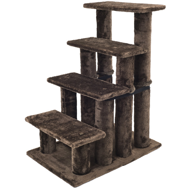 Brown Plush 4-Step Pet Stairs for Beds and Sofas