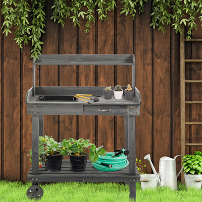 Banc de rempotage en bois gris 36 po avec 2 roues amovibles, évier, tiroir et espace de rangement spacieux - table de travail amovible, poste de travail de jardin