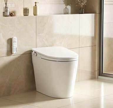 Toilette intelligente conforme ADA - réservoir intégré, ouverture / fermeture automatique, siège chauffant, séchoir à air chaud, capteur de pied, télécommande - blanc