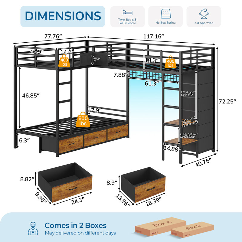 Triple Bunk Bed With 9 Storage Drawers And Open Shelf, Twin Over Twin Over Twin Bunk Beds With Led Lights, Bedside Caddy, Decorative Mesh, Metal 3 Bed Bunk Bed Frame For Teens And Adults, Black