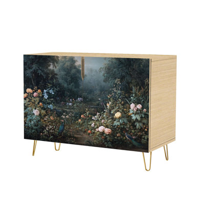 Sideboard Buffet Cabinet with Storage Vintage Botanical Garden Mural Elegant Peacocks with 2 Doors for Living Room and Kitchen