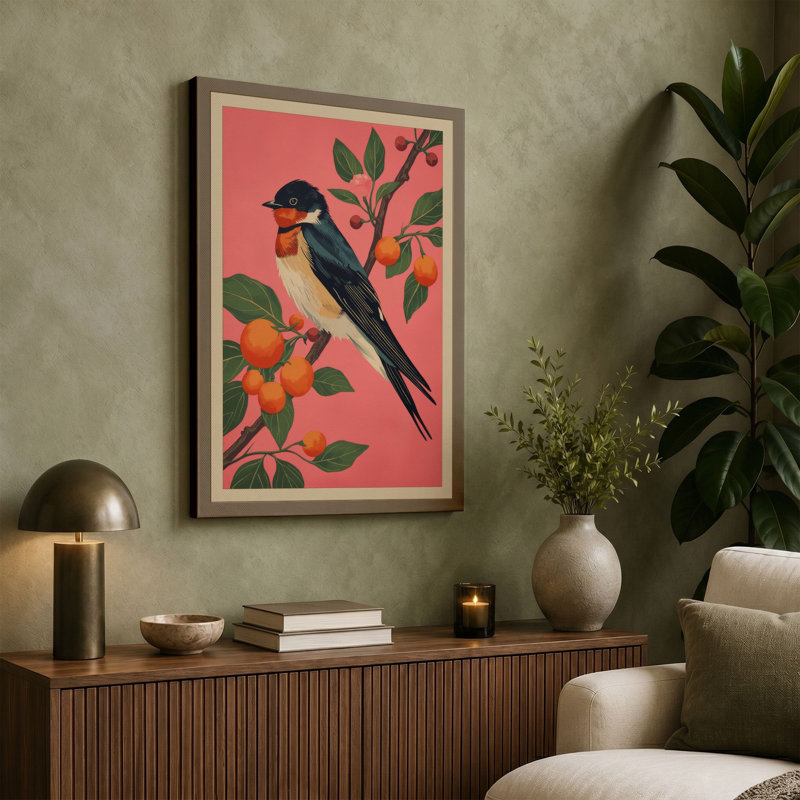 Bird on Branch Japandi - Wrapped Canvas, 30x20 - 76.2 x 50.8 cm, Taupe Border
